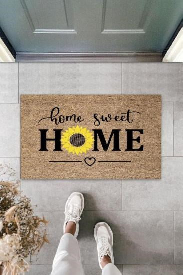 Bej Kapı Önü Paspası Home Sweet Home Papatyalı Desen  K-3342 - UcuzaGeliyor