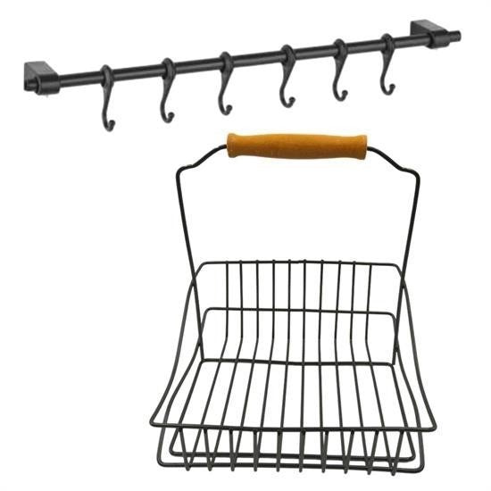 GENEL® Retro Ferforje Askılı Siyah  Ahşap Kulplu Düzenleyici Mutfak Sepeti