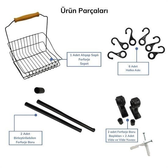 GENEL® Retro Ferforje Askılı Siyah  Ahşap Kulplu Düzenleyici Mutfak Sepeti