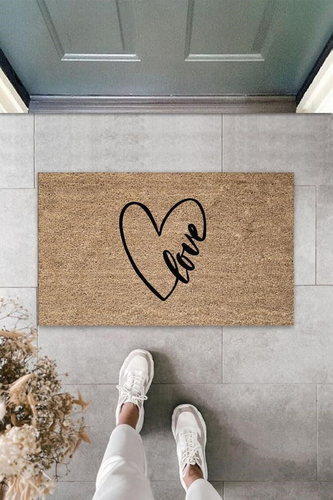 Siyah Kapı Önü Paspası Kalp Love Desen  K-3302 - UcuzaGeliyor