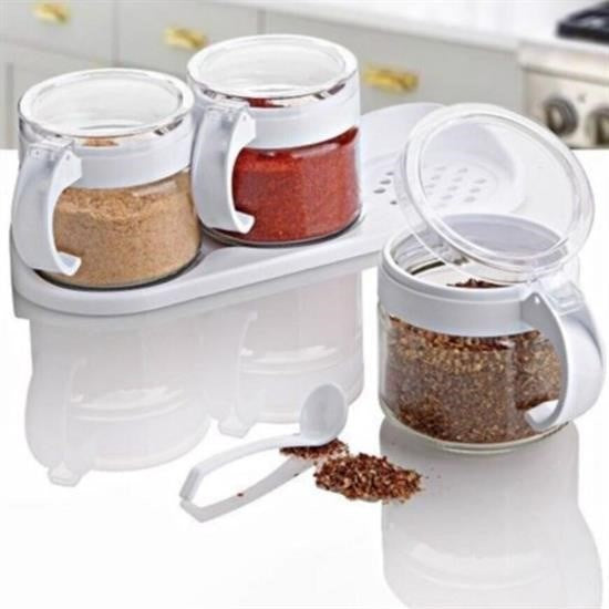 GENEL® Beyaz 3lü Standlı Kapaklı Kaşıklı Cam Hava Sızdırmaz Baharatlık Takımı KC-386