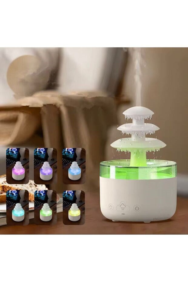 3 Katlı Şelale YAĞMUR Tasarımlı Ultrasonik Aroma Difüzör - 6 Renk LED Işıklı Hava Nemlendirici