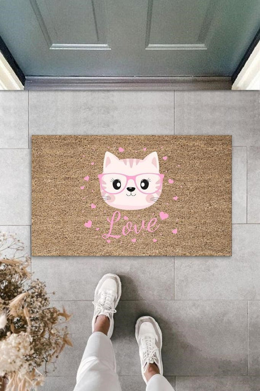 Dijital Baskı Kahverengi Love Yazılı Pembe Gözlüklü Kedi Dekoratif Kapı Paspası K-2048 - UcuzaGeliyor
