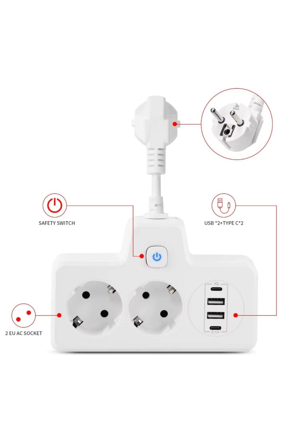 sonx Çok Fonksiyonlu Akım Korumalı Priz ve USB Şarj İstasyonu - Ayarlanabilir Gece Lambalı