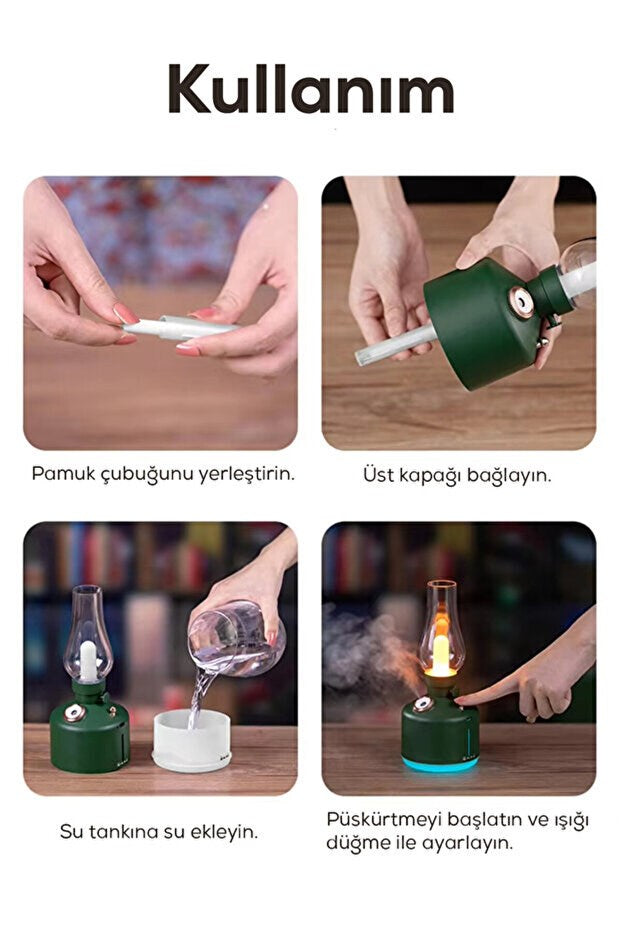 Vintage Alev Efektli Gece Lambalı Hava Nemlendirici - Ayarlanabilir Işık ve Buhar Gücü