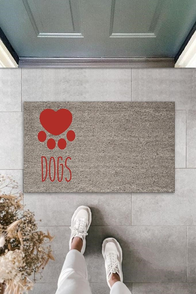 Dijital Baskı Gri Kırmızı Kalpli Dogs Dekoratif Kapı Paspası K-2073 - UcuzaGeliyor