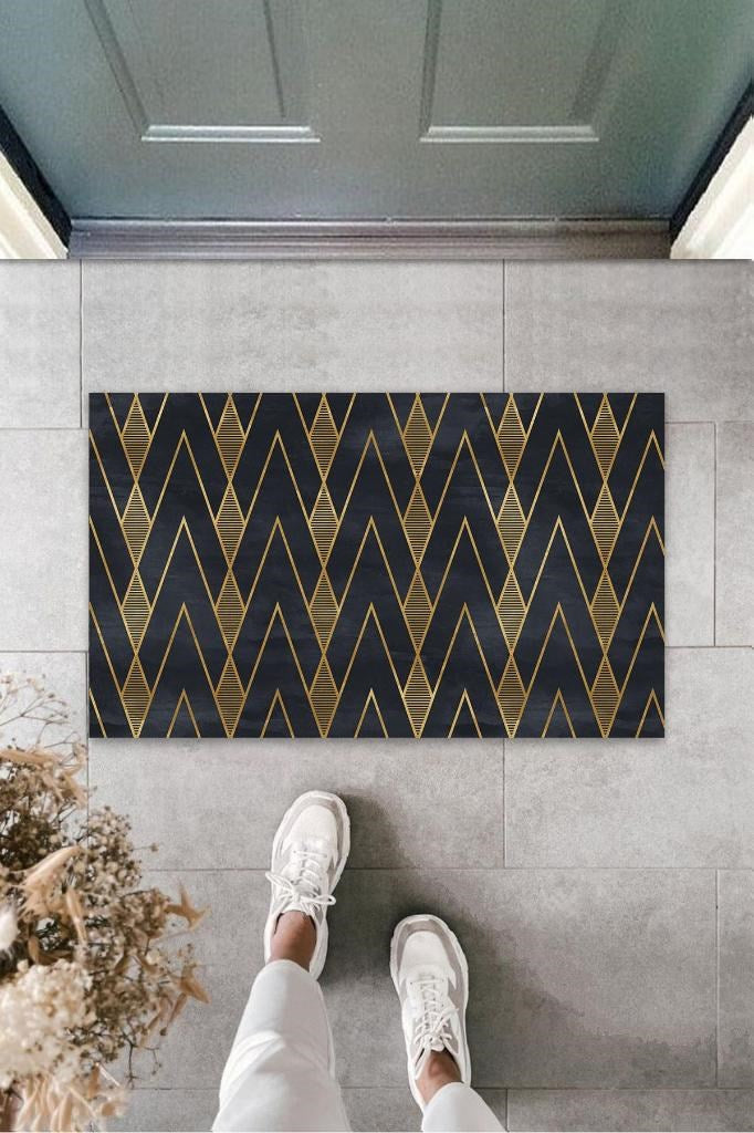 Siyah-Gold Kapı Önü Paspası Zigzag Desen  K-3209 - UcuzaGeliyor