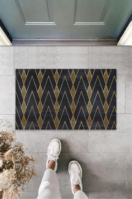 Siyah-Gold Kapı Önü Paspası Zigzag Desen  K-3209 - UcuzaGeliyor