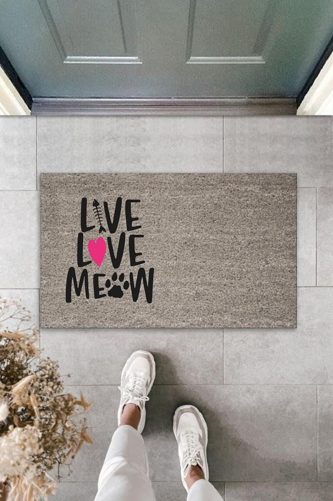 Dijital Baskı Gri Pembe Kalpli Kılçıklı Love Meow Dekoratif Kapı Paspası K-2047 - UcuzaGeliyor