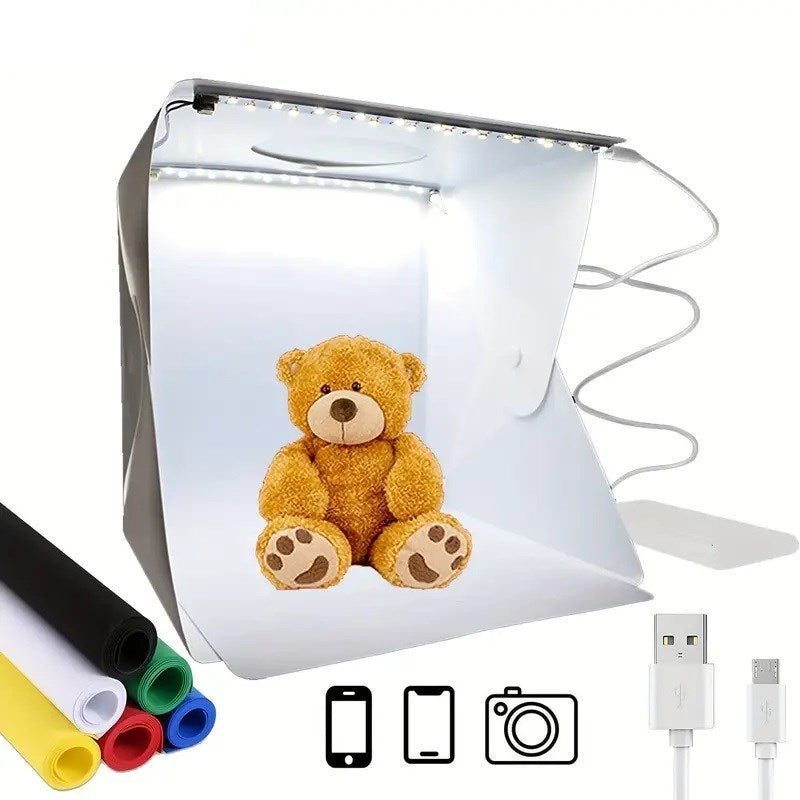 GENEL® Katlanır Işıklı Fotoğraf Stüdyosu 40x40 cm 6 Renk Fonlu Ürün Çekimi İçin Uygun Fotoğraf Çekim Kutusu