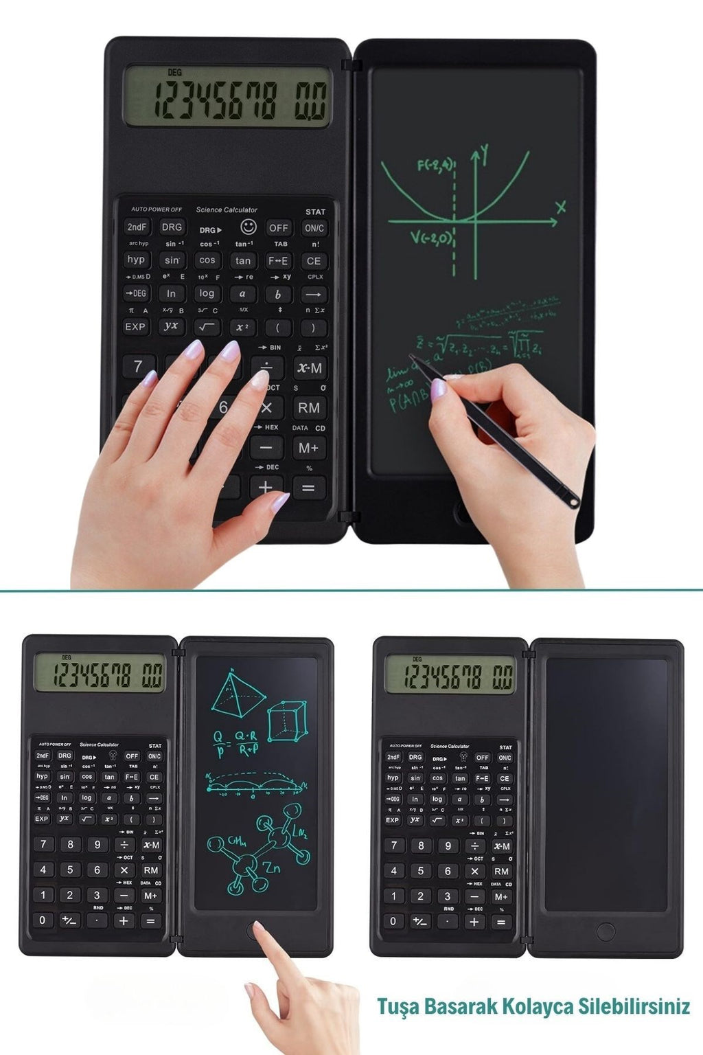 BUFFER® Silinebilir LCD Yazı Tabletli,Kalemli Katlanabilir Bilimsel Hesap Makinesi