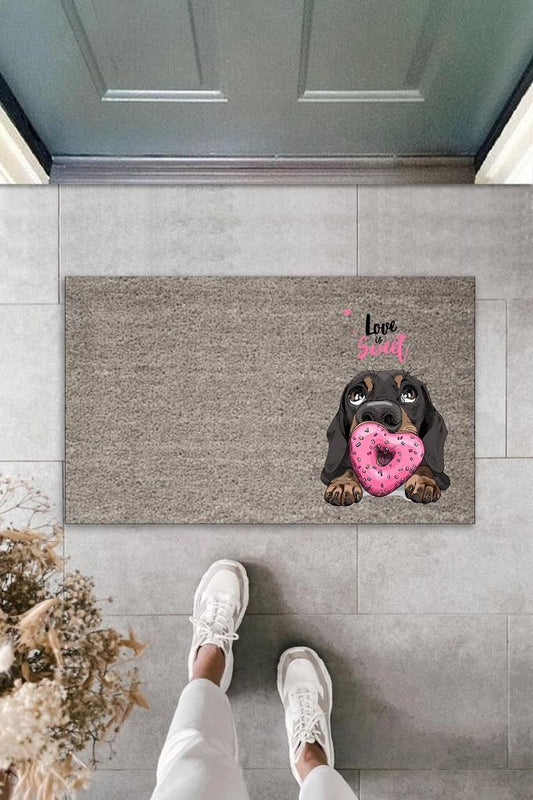Dijital Baskı Gri Love Sweet Köpekli Dekoratif Kapı Paspası K-2057 - UcuzaGeliyor