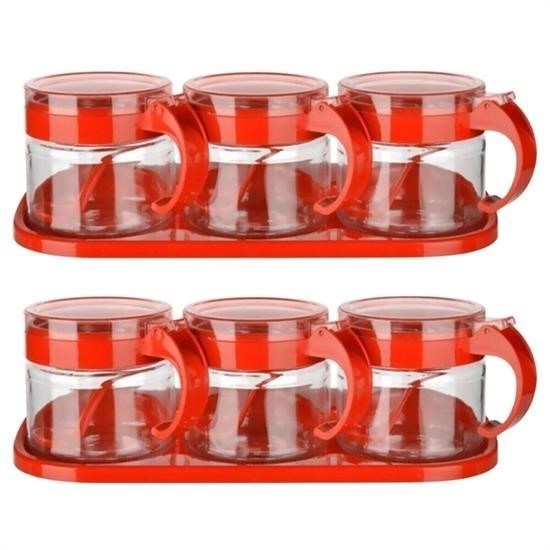 GENEL®  Kırmızı 3lü Standlı Kapaklı Kaşıklı Cam Hava Sızdırmaz Baharatlık Takımı  KC-386