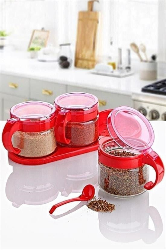 GENEL®  Kırmızı 3lü Standlı Kapaklı Kaşıklı Cam Hava Sızdırmaz Baharatlık Takımı  KC-386