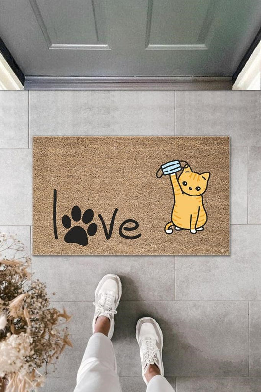 Dijital Baskı Kahverengi Patili Love Yazılı Maskeli Kedi Dekoratif Kapı Paspası K-2010 - UcuzaGeliyor