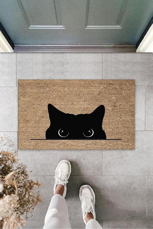 Dijital Kara Kedi Bej Kapı Paspası Dış Mekan Paspas K-3185 - UcuzaGeliyor