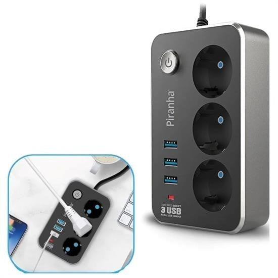 GENEL® Isıya Dayanıklı Termal Akım Korumalı 2 Mt 10A 2500W 3lü Priz ve 3 Usbi 21A Uzatma Kablosu