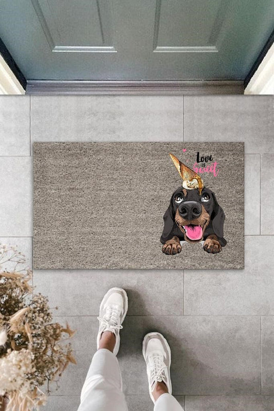 Dijital Baskı Gri Love Sweet Kafasında Külahlı Dondurmalı Köpek Dekoratif Kapı Paspası K-2055 - UcuzaGeliyor