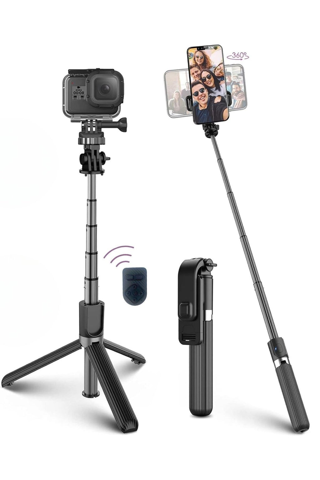BUFFER® Fotoğraf Makinası ve Telefon Takılabilen 2si 1 Arada 2.2m Uzayan Selfie Çubuğu Kumandalı Tripod