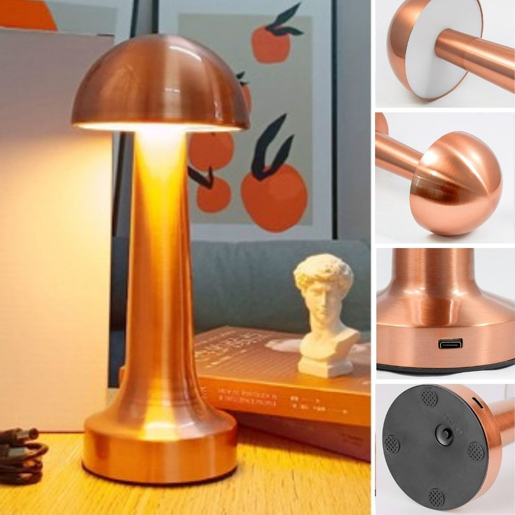 BUFFER® Mantar Model Bronz Renk Şarjlı Dokunmatik 3 Renkli LED Masa Lambası