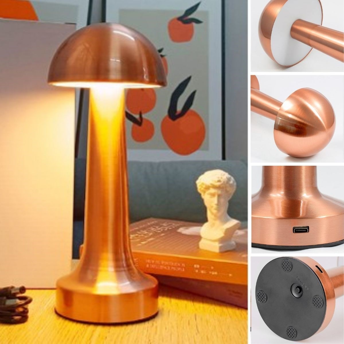 BUFFER® Mantar Model Bronz Renk Şarjlı Dokunmatik 3 Renkli LED Masa Lambası