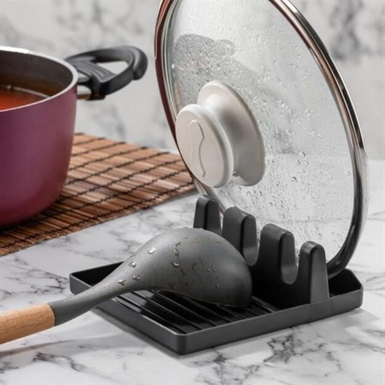 GENEL® Tencere Kapak Tutuculu Kaşıklıklı Tencere Kapak Standı Pratik Kaşık Kepçe Altlık Düzenleyici
