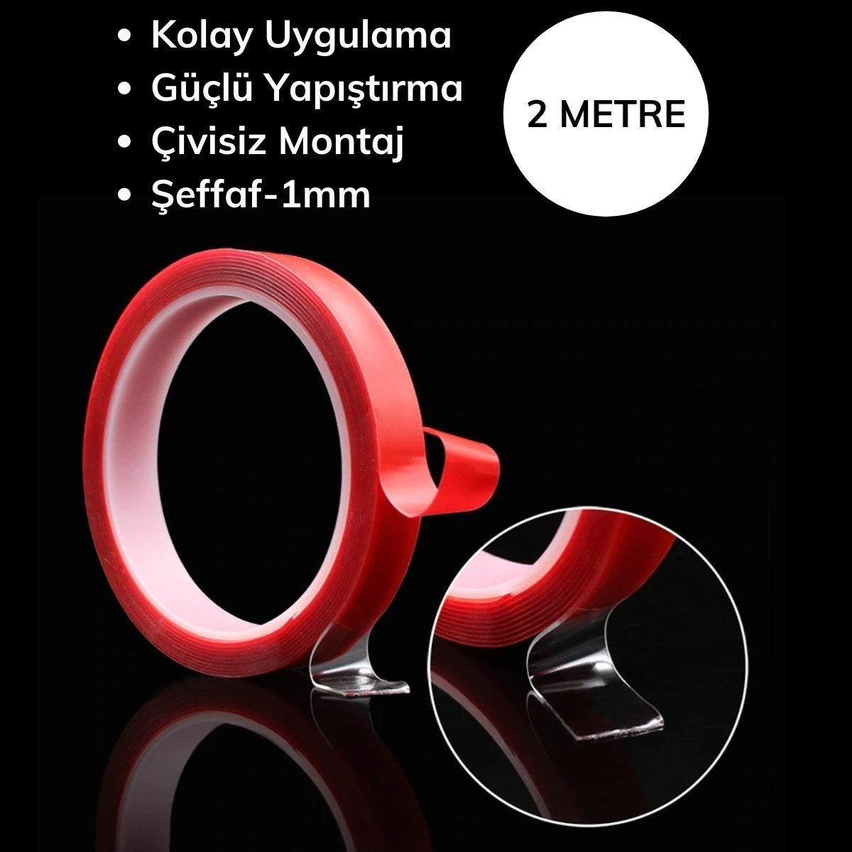 GENEL® 2 Metre Şeffaf Ekstra Güçlü Banyo Mutfak Posta Ofis Çift Taraflı Akrilik Silikon VHB Bant