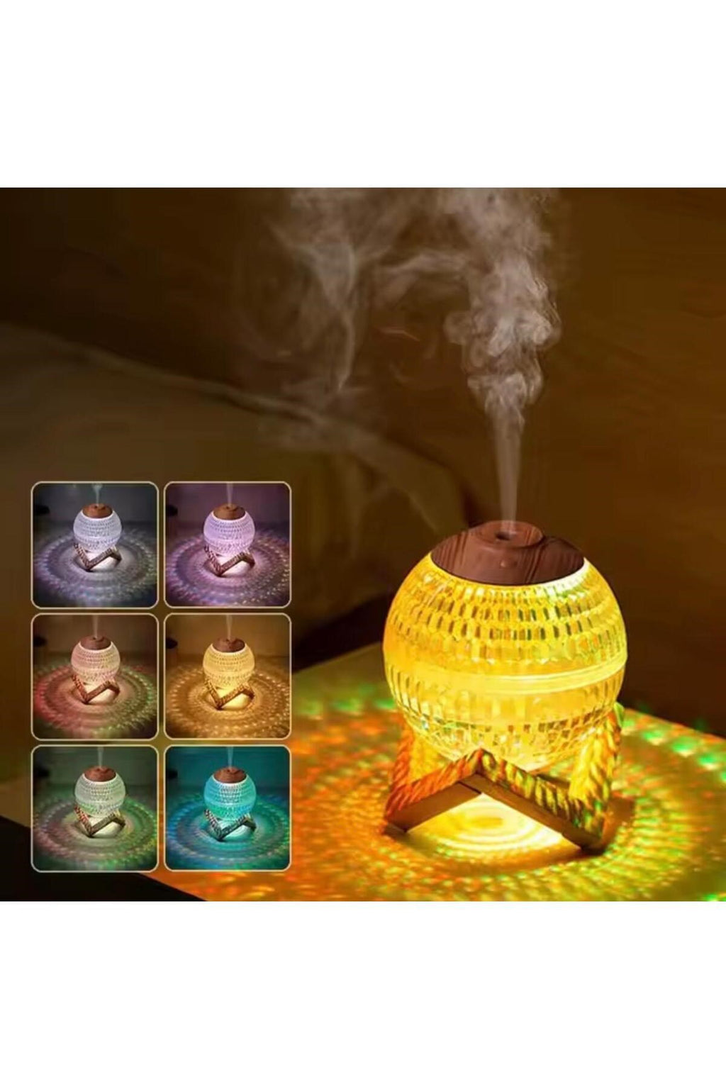 sonx Renkli Kristal Küre Tasarımlı LED Işıklı Hava Nemlendirici - Sessiz Çalışma ve Ahşap Desenli Kapak