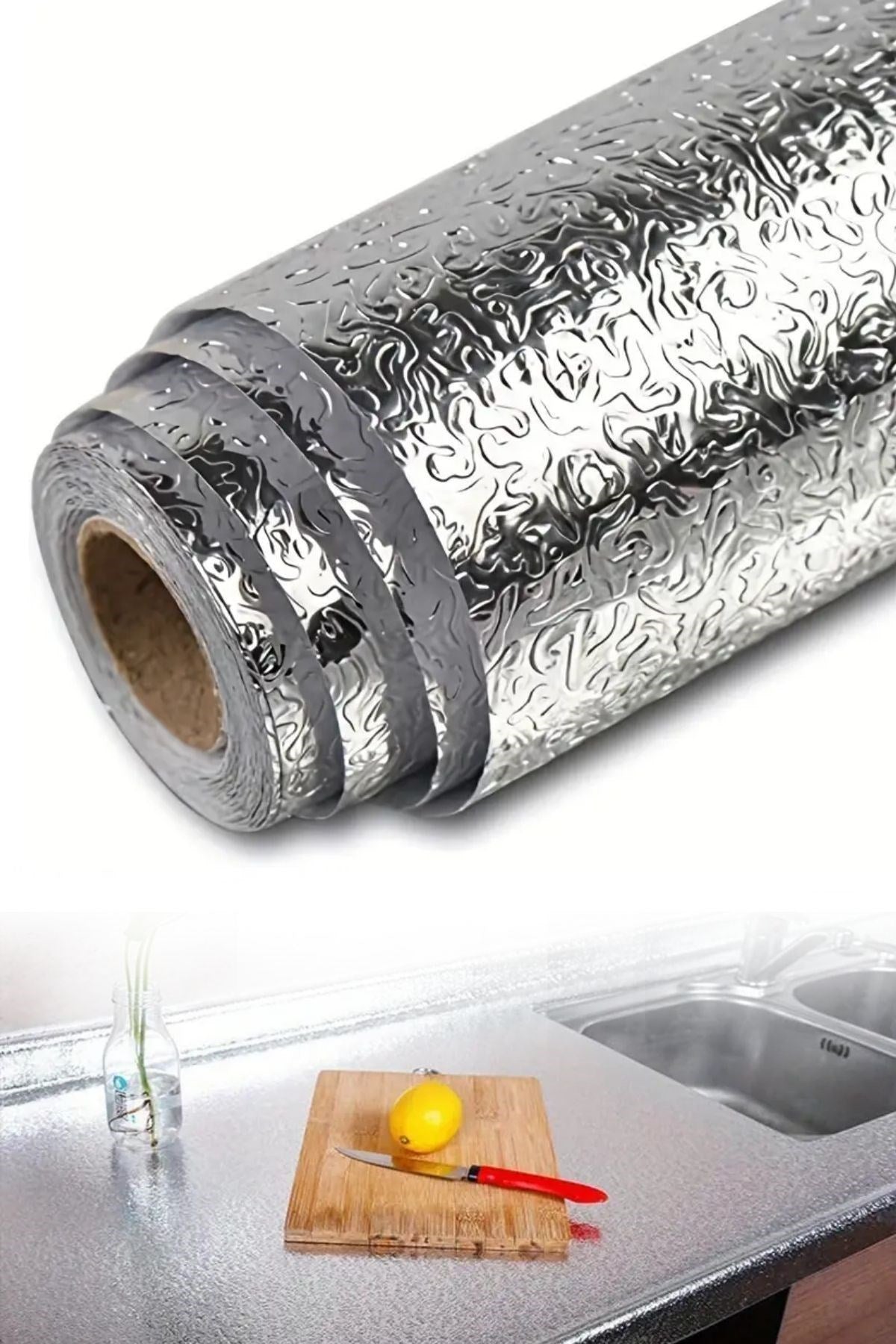 BUFFER® Rulo Gümüş Alüminyum Folyo Duvar Kağıdı, Kendinden Yapışkanlı Raf İçi, Su Geçirmez Folyo  2 mt x 60 cm