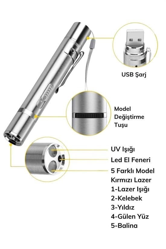 BUFFER® Usb İle Şarj Edilebilen 3In 1 Kırmızı Işık +Beyaz Led Meşale Işık + Uv El Feneri Kedi Lazeri