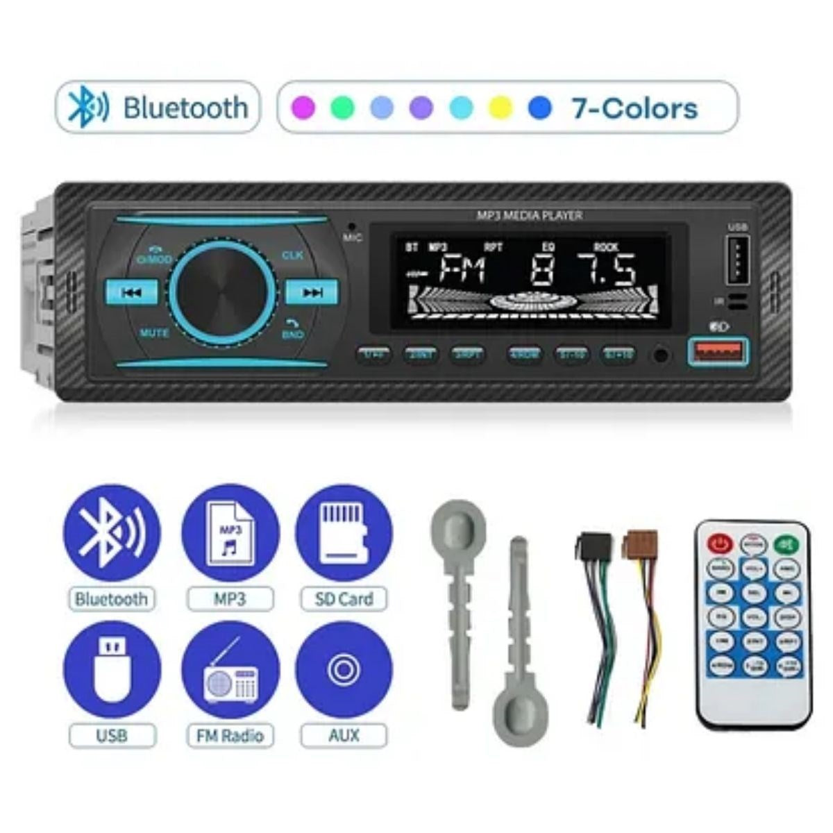 BUFFER® 7 Farklı Renkli Oto Teyp - Bluetooth & USB & AUX & FM Destekli Araç İçi Radyo - UcuzaGeliyor