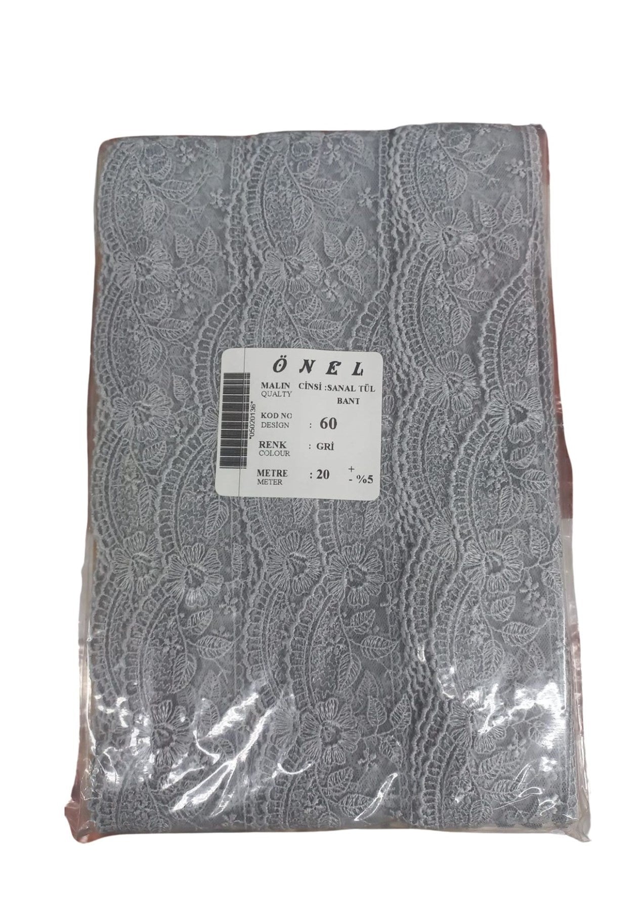 Dantel Polyester Sanal Tül Bant Gri 20 Metre En 6 cm ON-60-G - UcuzaGeliyor