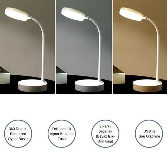 GENEL® Yuvarlak USBli Dokunmatik 3 Kademeli 360 Derece  Özel Göz Korumalı Led Lityum Masa Lambası