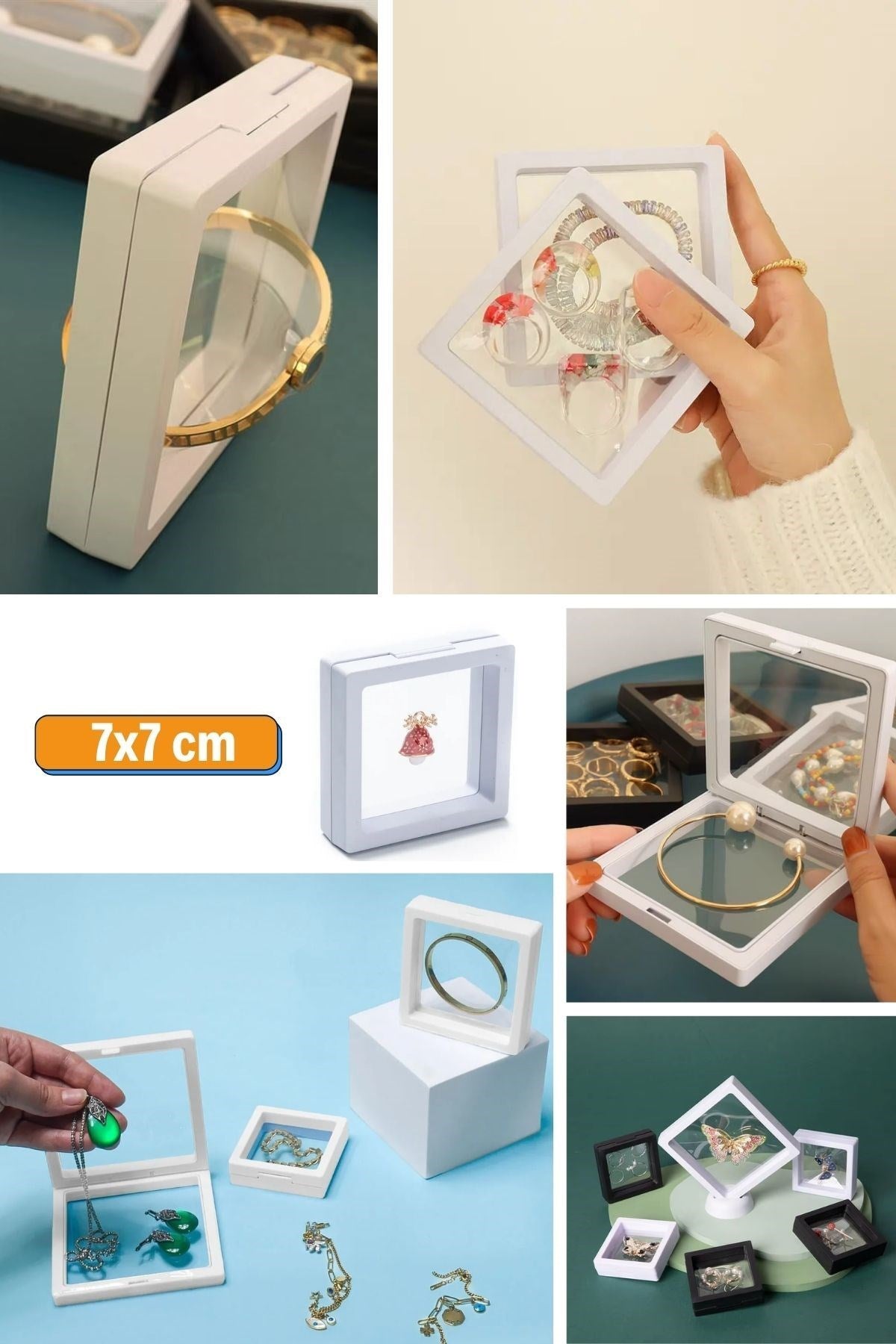 GENEL® 7x7 cm Standlı 3D Takı Ziynet Hatıra Koleksiyon Saklama Kutusu Şeffaf Film Çerçevesi