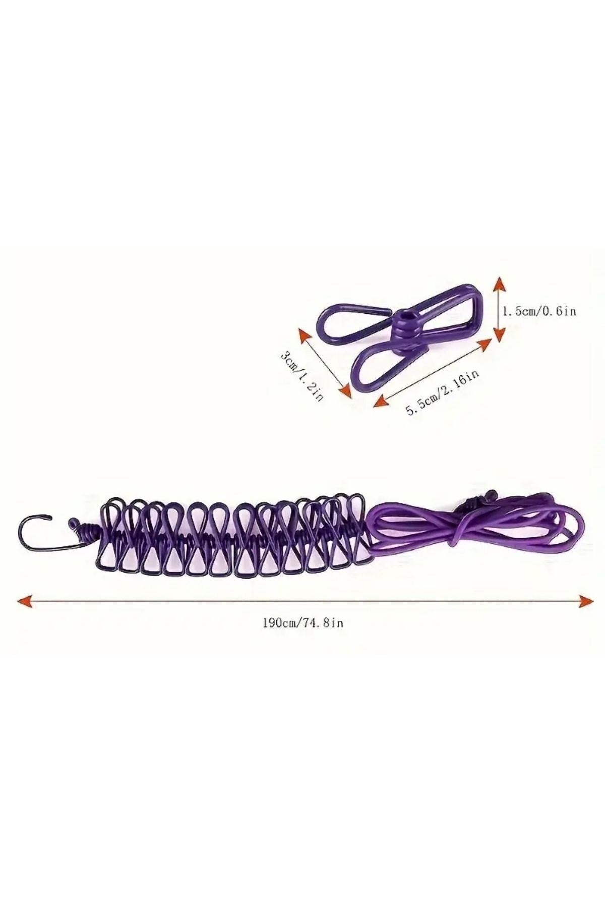 BUFFER® Taşınabilir Seyahat Çamaşır İpi 12 Mandallı Klipsli Lastikli Çamaşır Mandalları