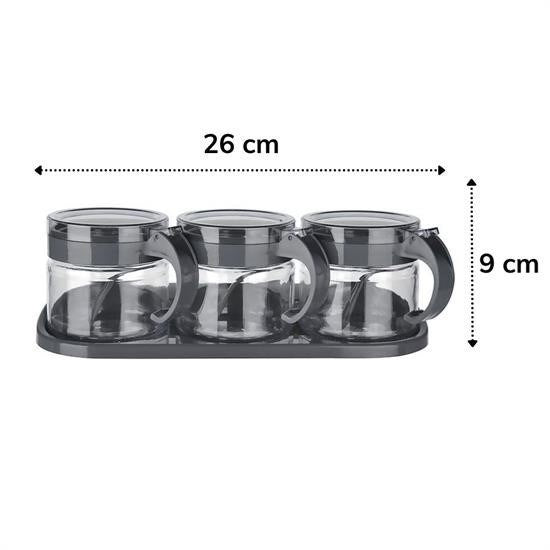 GENEL® Siyah 3lü Standlı Kapaklı Kaşıklı Cam Hava Sızdırmaz Baharatlık Takımı KC-386 - UcuzaGeliyor