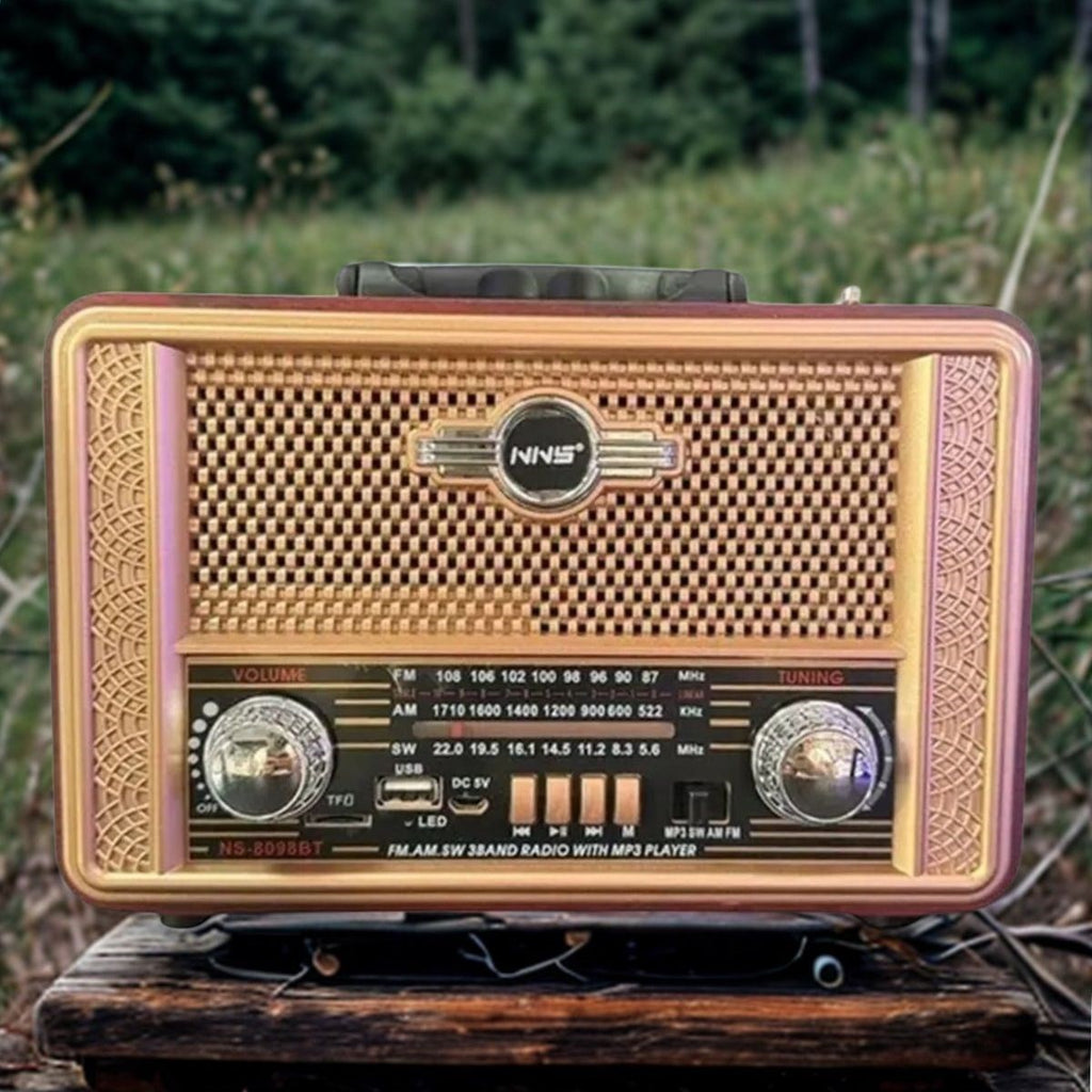 BUFFER® Retro, Nostaljik, Ahşap Tasarım Bluetooth Hoparlörlü, Şarjlı, Taşınabilir Otantik Tasarımlı FM/AM Destekli Radyo NS8098