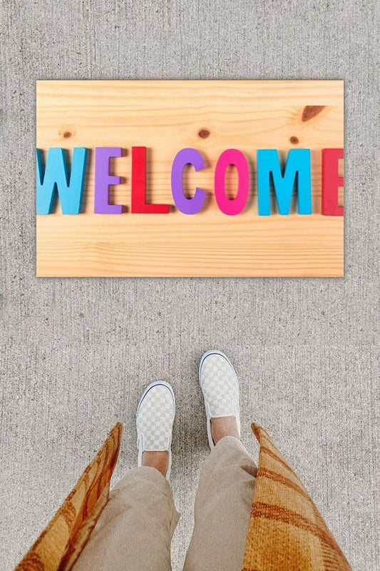 Dijital Baskı Dekoratif Welcome Ahşap Kapı Önü Paspası K-1247 - UcuzaGeliyor
