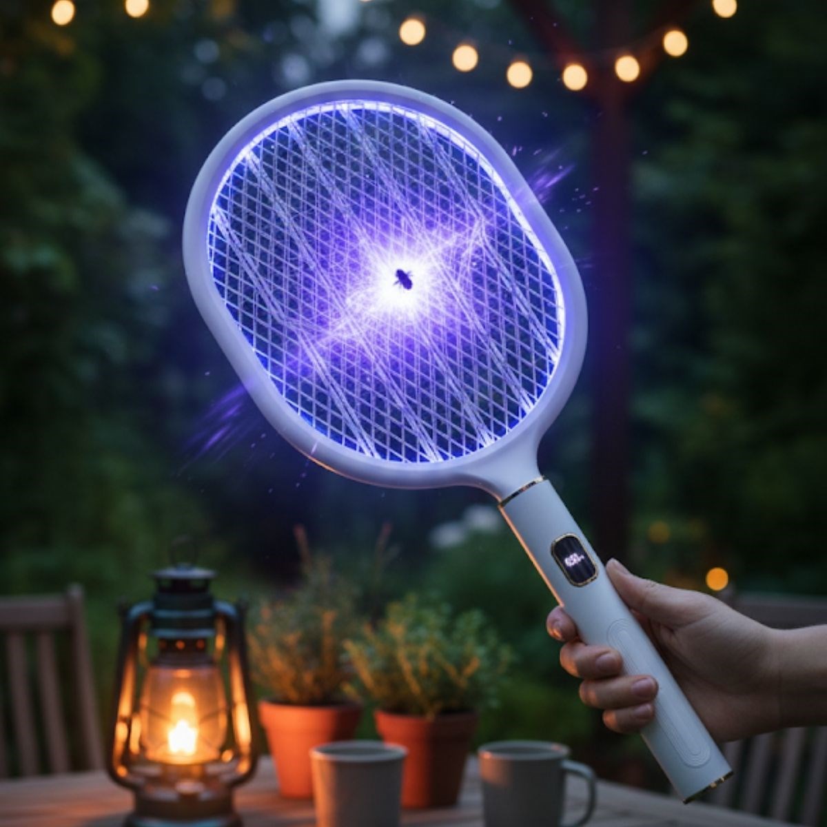 GENEL® USB Şarjlı Beyaz Renk Kendiliğinden Standlı Şarj Göstergeli UV Işıklı Sinek Öldürme Raketi LTD-718