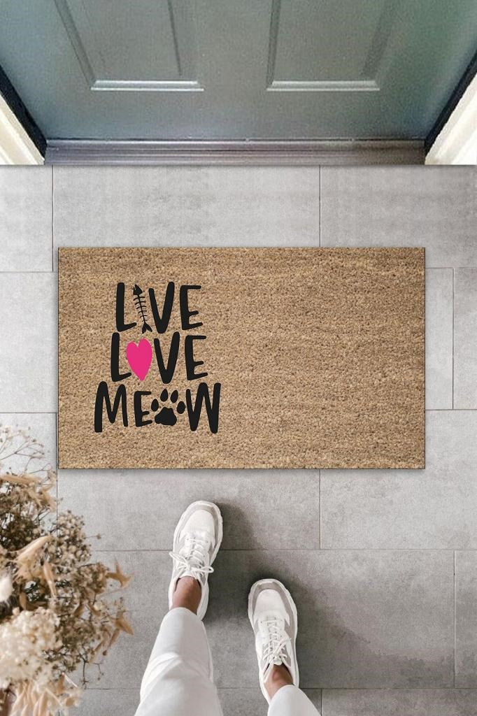 Dijital Baskı Kahverengi Pembe Kalpli Kılçıklı Love Meow Dekoratif Kapı Paspası K-2046 - UcuzaGeliyor